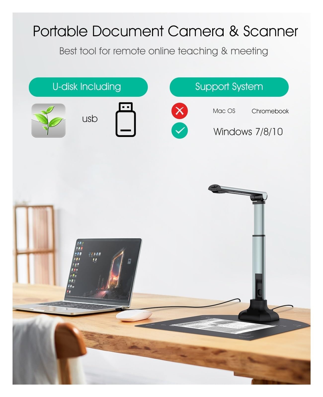 Przenośny skaner, Przenośny skaner książek z przedłużaczem Kamera dokumentacyjna USB o rozdzielczości 12 MP, zoom OCR dla laptopa w formacie A3/A4 Narzędzie do malowania konferencji internetowych