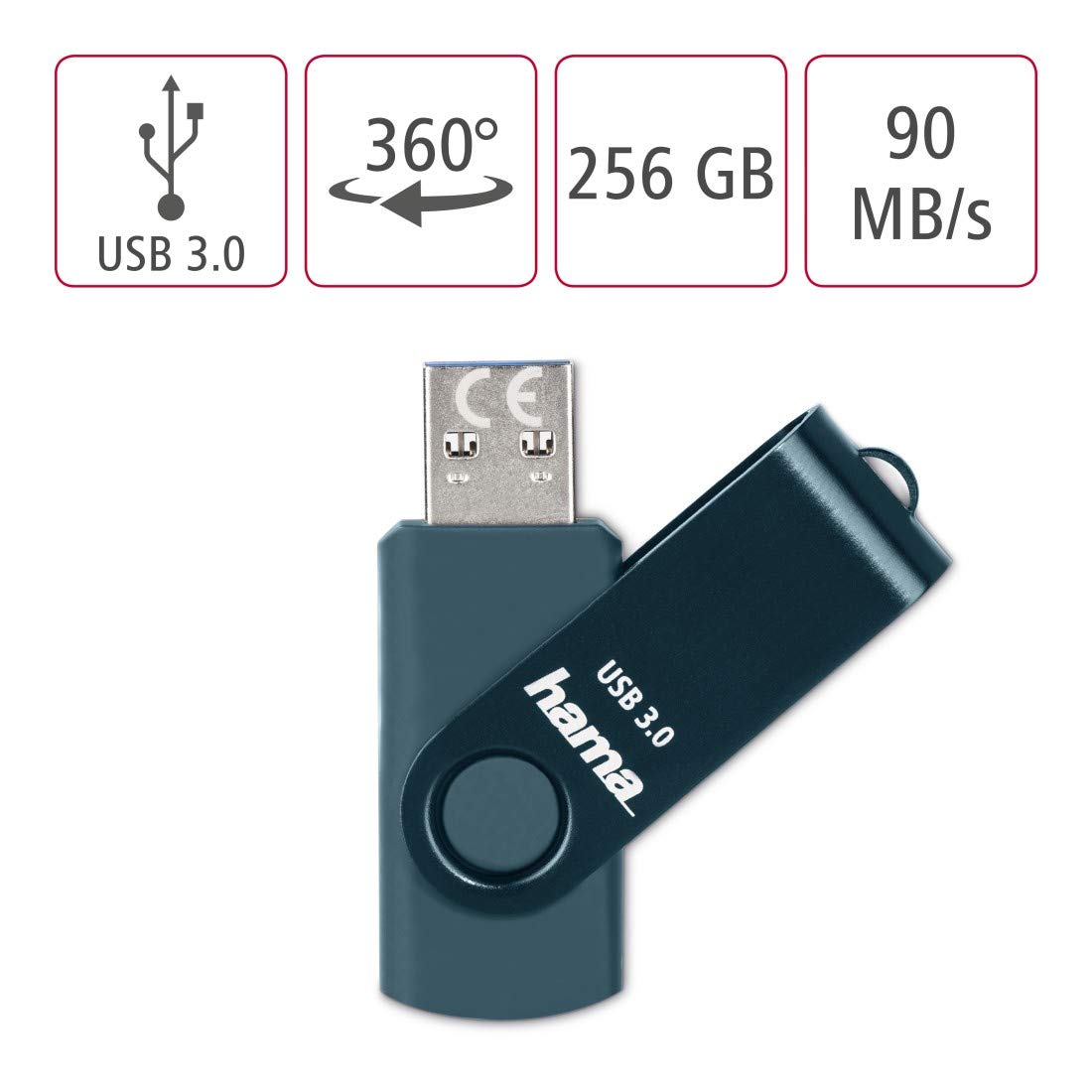 Hama Chiavetta USB 3 da 256 GB (trasferimento dati da 90 MB/s con occhiello per il fissaggio all'anello portachiavi, memory stick in metallo, adatto per Windows/MacBook), blu petrolio