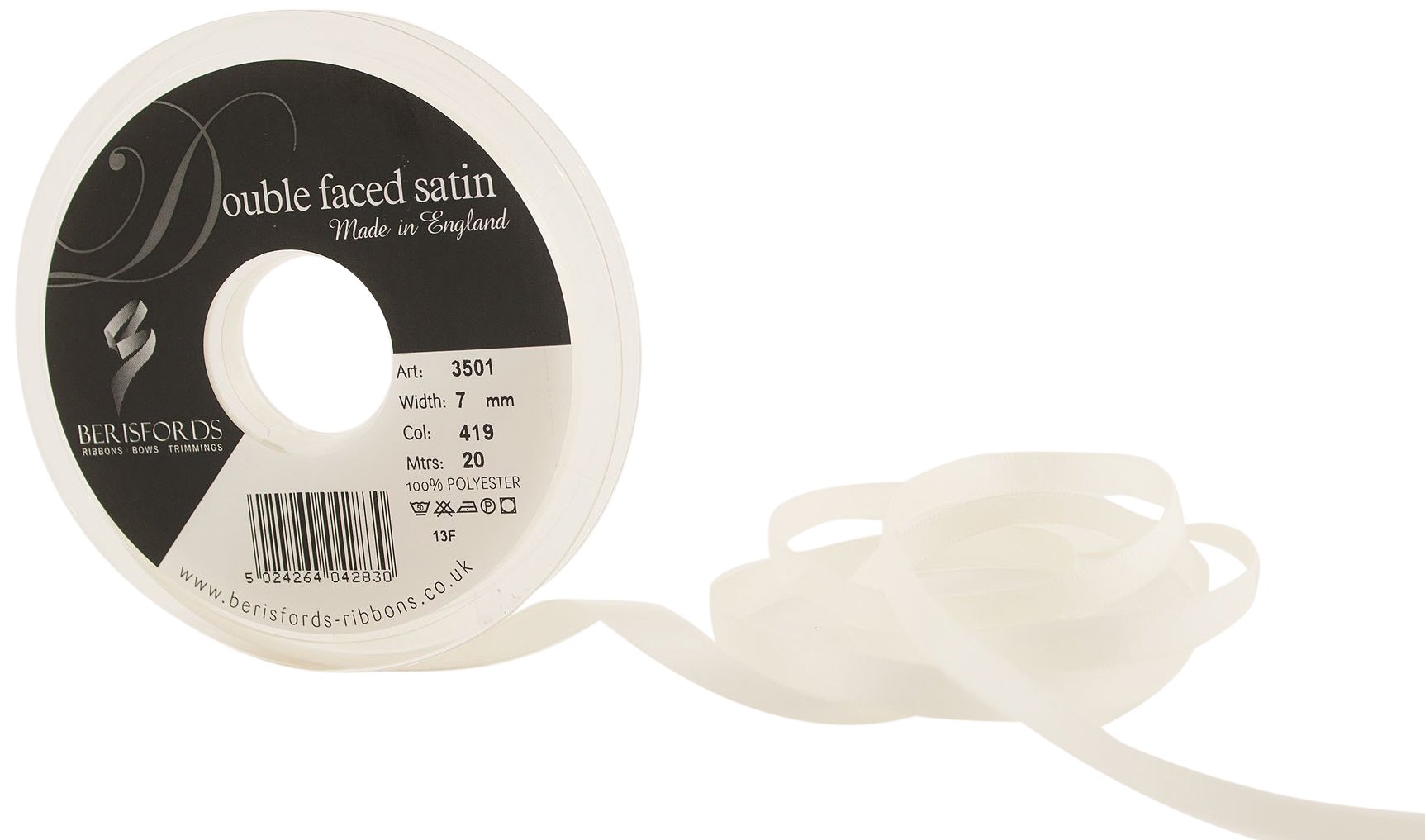 Berisfords Bridal White Double Satin Ribbon, 20 M