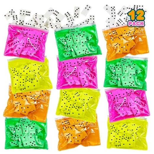ArtCreativity Domino Game Set - Pack of 12 - Each Domino Set Includes 28 Pieces Per Neon Pink, Yellow, Green and Orange Bags - Great School, Carnival Prizes - Awesome Party Favor - Fun Game for Kids