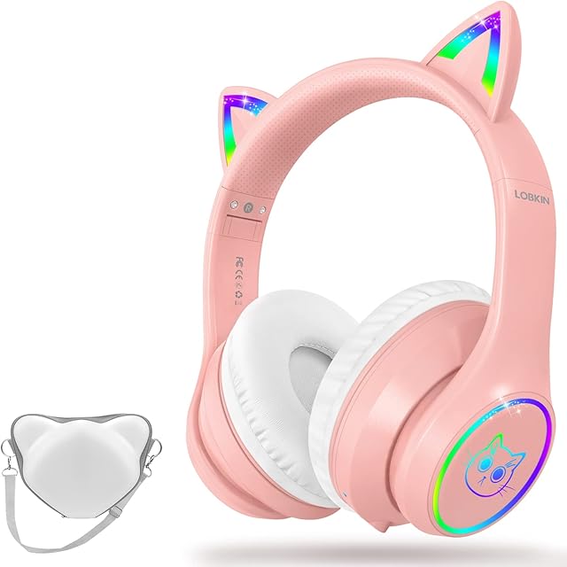 LOBKIN Bluetooth 5.1 Kids Headphones with Case - RGB LED Light Up Cat Ears Foldable Adjustable On-Ear Headset Support Wireless or 3.5mm Wired Mode for Toddler & Girls & Boys Teens - Pink