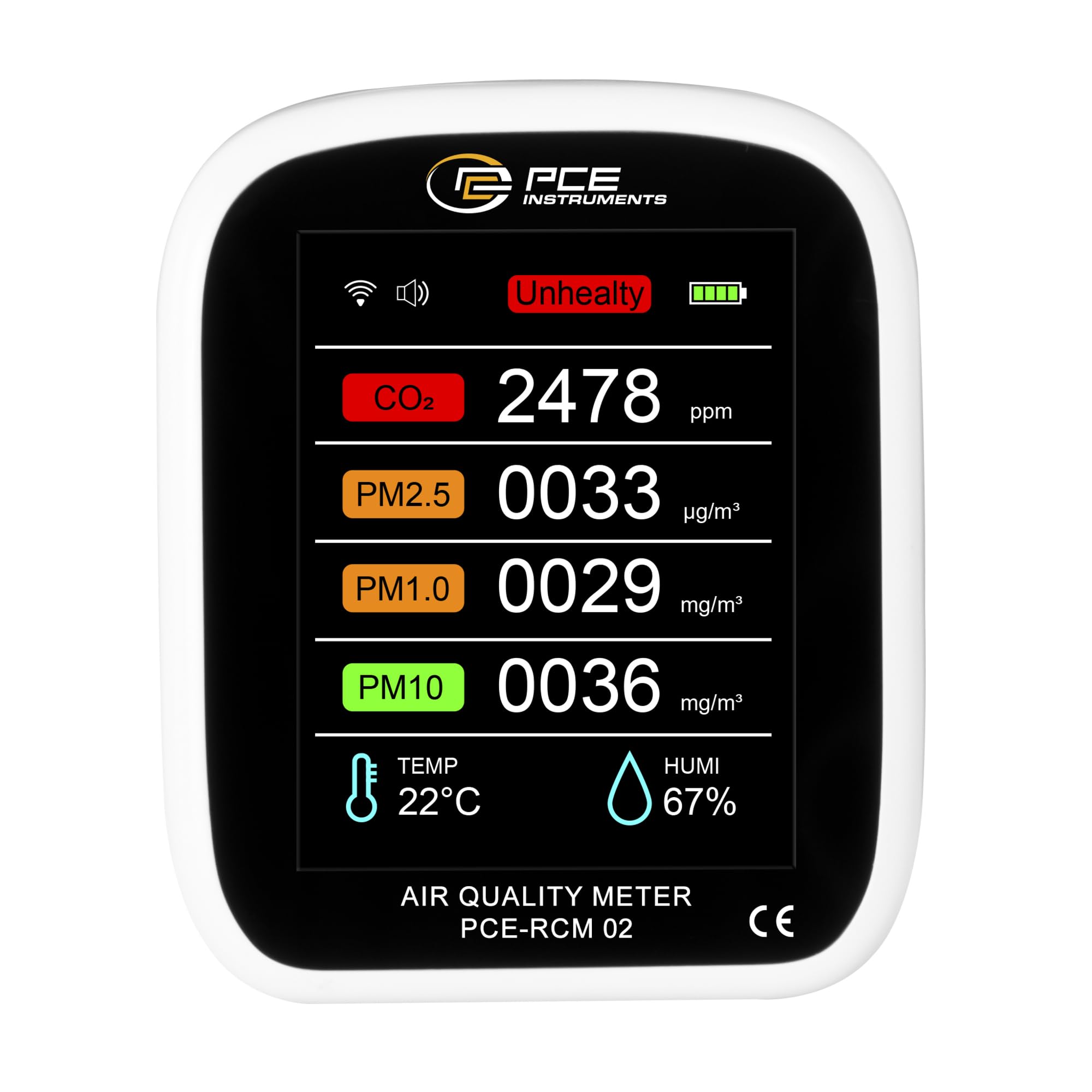Medidor de Calidad del Aire PCE-RCM 02 / Medición de partículas PM1, PM2,5, PM10 / Medición de CO2, formaldehído, TVOC, Temperatura y Humedad Ambiental/Conxión Wi-Fi/PCE Instruments