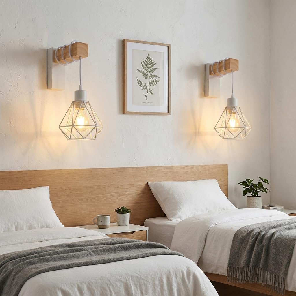 Alpinaluz Aplique da Parete Moderno in Ferro Bianco con Braccio in Legno Naturale di Frassino e Paralume a Gabbia Metallica, Compatibile con Lampadine E27, Perfetto per Camera da Letto e Soggiorno