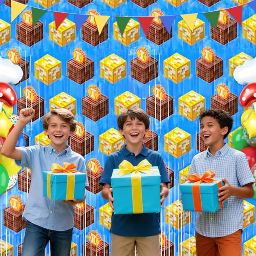 Image of Super Adventure Video Game Party Backdrop, 2 Pcs 3.3 x 6.6 Ft Question Boxes Foil Fringe Curtains Shiny Photo Booth Streamers for Bros Gamer Birthday Party Decorations