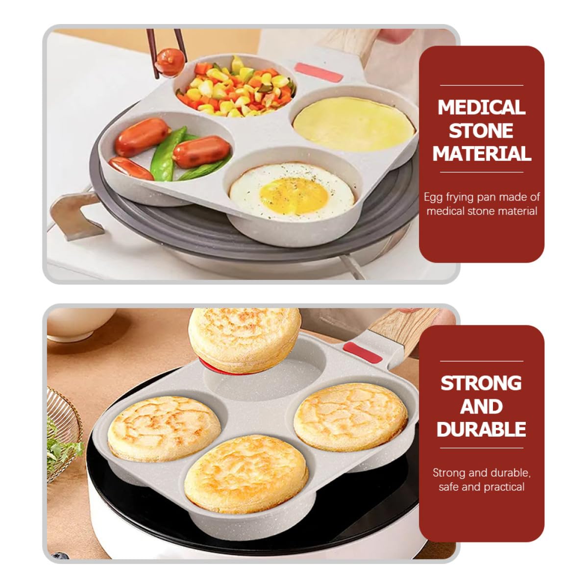 PACKOVE Sartén para Cocinar Huevos y Hamburguesas y Cuatro Orificios Antiadherente de Piedra Médica Adecuado para Desayunos en Casa y Niños Niños