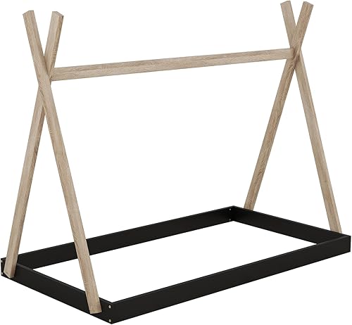 Miniatura 5 de Cama de madera con dosel de casa de tamaño individual con valla triangular, base de cama individual para dormitorio, niños, niñas, adolescentes,