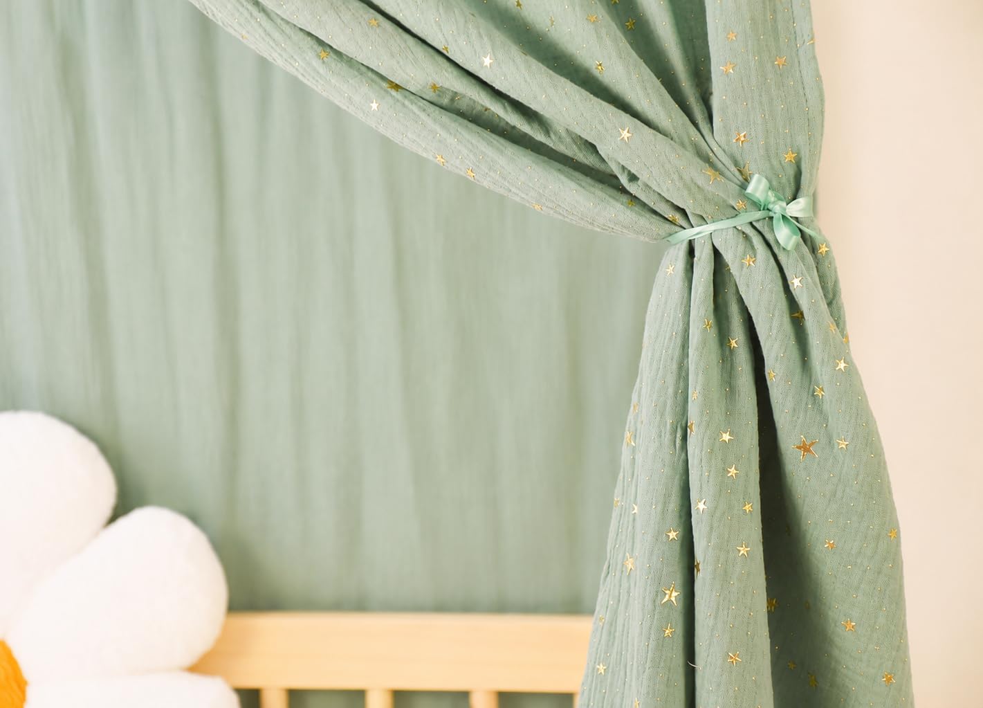 YellowNest Tenda per Letto Montessori (2 Pezzi) - Tenda Letto Bambini per Letto 70x140cm - 100% Mussola di Cotone - Senza Ghirlanda (Eucalipto, 62 x 270 cm (2 Pezzi))