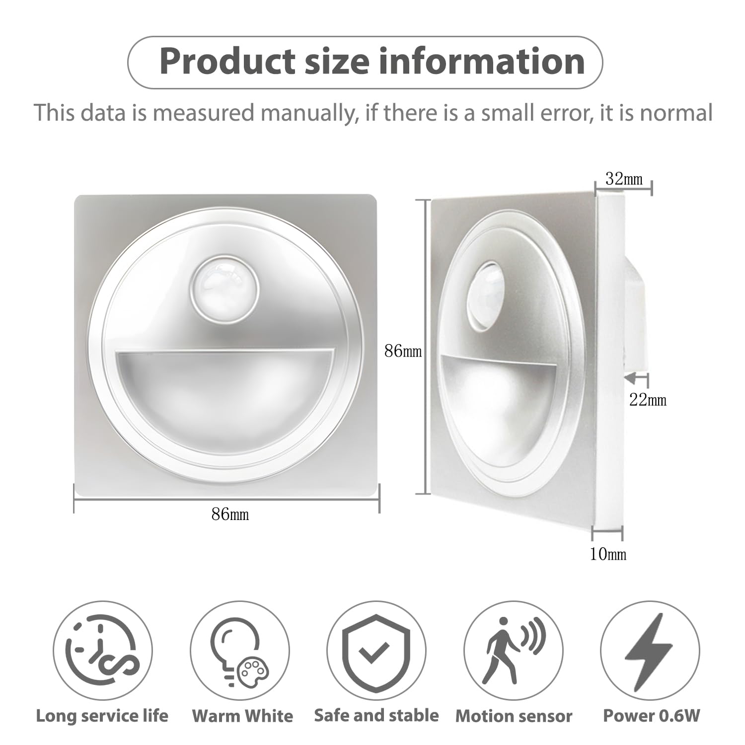 8er 0,6W LED Treppenlicht mit Bewegungsmelder Warmweiß 3000K LED Wandeinbauleuchte Silber Stufenlicht Treppenbeleuchtung für 60mm Runde Unterputzdose 230V für Innen