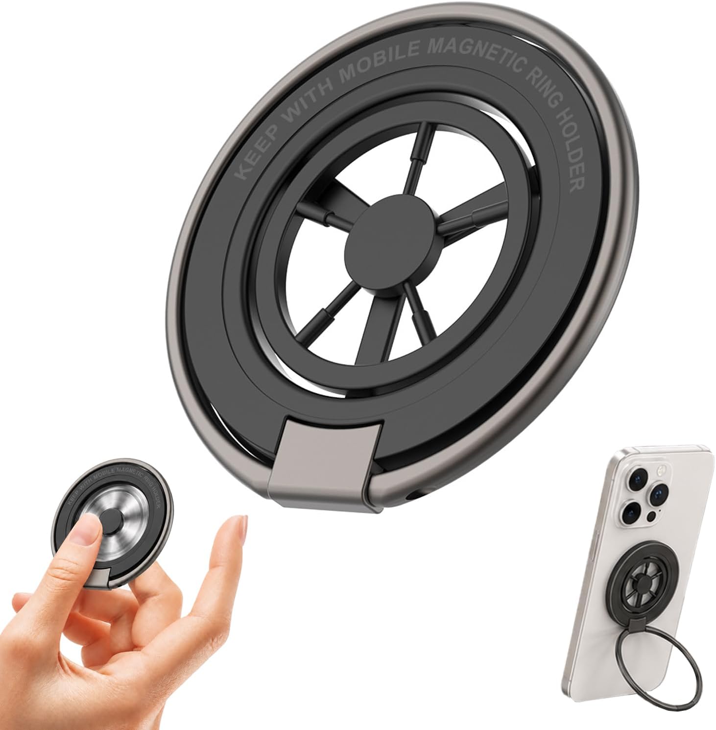 Magnetic Phone Stand Fidget Spinner,Fidget Spinner,Lucky Wheel Fingertip Gyroscope Phone Holder,Magnet Fidget,Dual Magnetic Rings, Strong Adhesion for Desk,Travel, Stress Relief Finger Spinner(Black)
