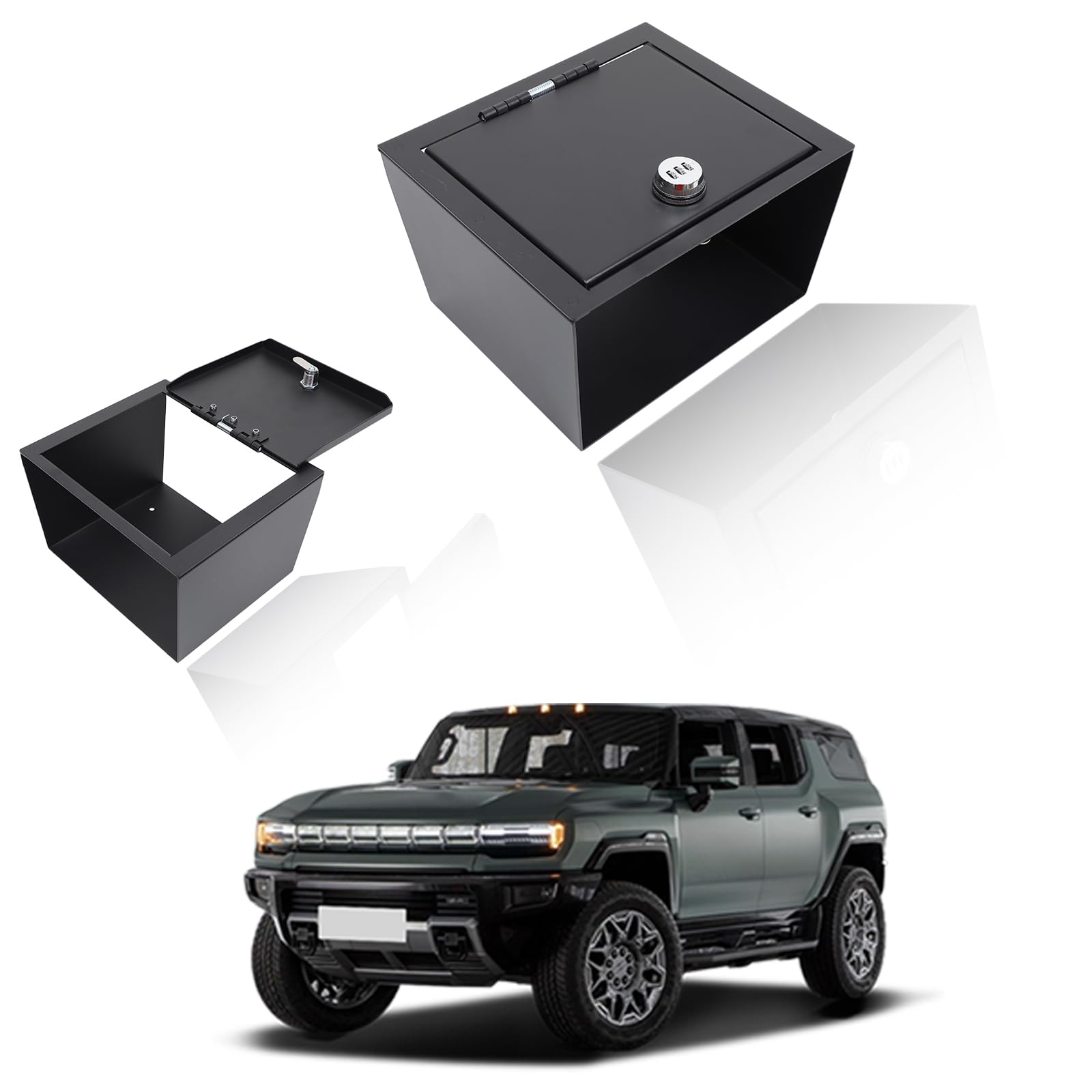 Center Console Organizer Gun Safe Box Compatible with Hummer EV SUV/Pickup 2024 2025 2026+ Center Arm Rest Vault Locking Storage Box Black Alloy Steel 3 Digit Combination Lock with Key