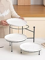 Vista 5 de Kanwone Soporte para servir de 3 niveles con platos de porcelana blanca, bandeja redonda de 10 pulgadas, juego de exhibición de mesa de postre