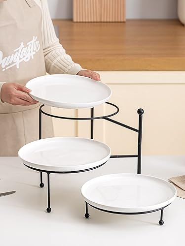 Miniatura 5 de Kanwone Soporte para servir de 3 niveles con platos de porcelana blanca, soporte giratorio de exhibición de alimentos, bandejas de servicio de 10 x
