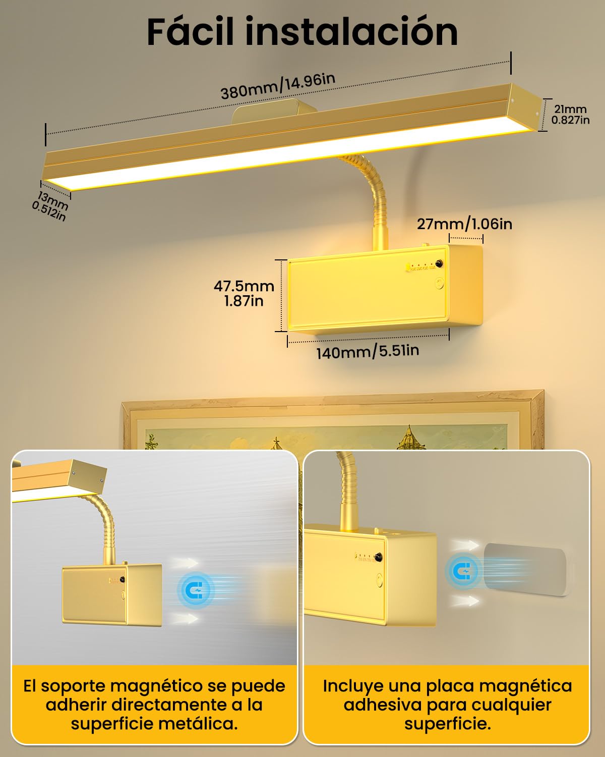 Lamparas Pared Sin Cable Luz Para Cuadros De Pared Sin Cable 3000mAh Recargable con Mando a Distancia y Temporizador, Luz LED Magnética Dimmable para Marco de Galería y Tablero de Dardos (Oro)