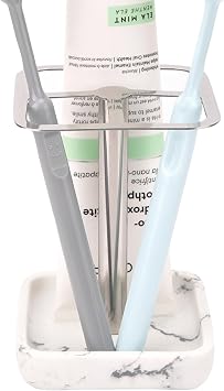 Stainless Steel Toothbrush Holder with Marble-Style Weighted Base, 3-Section Organizer for Electric Toothbrushes & Toothpaste, Bathroom Countertop Stand Silver