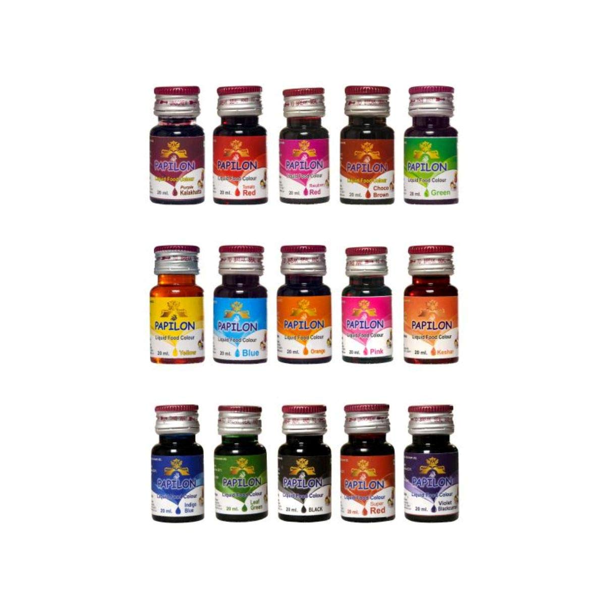 Papilon Liquid Food Colour pack of 20ml x 15 bottles for cake/baking/cookies/icecreams/sweets