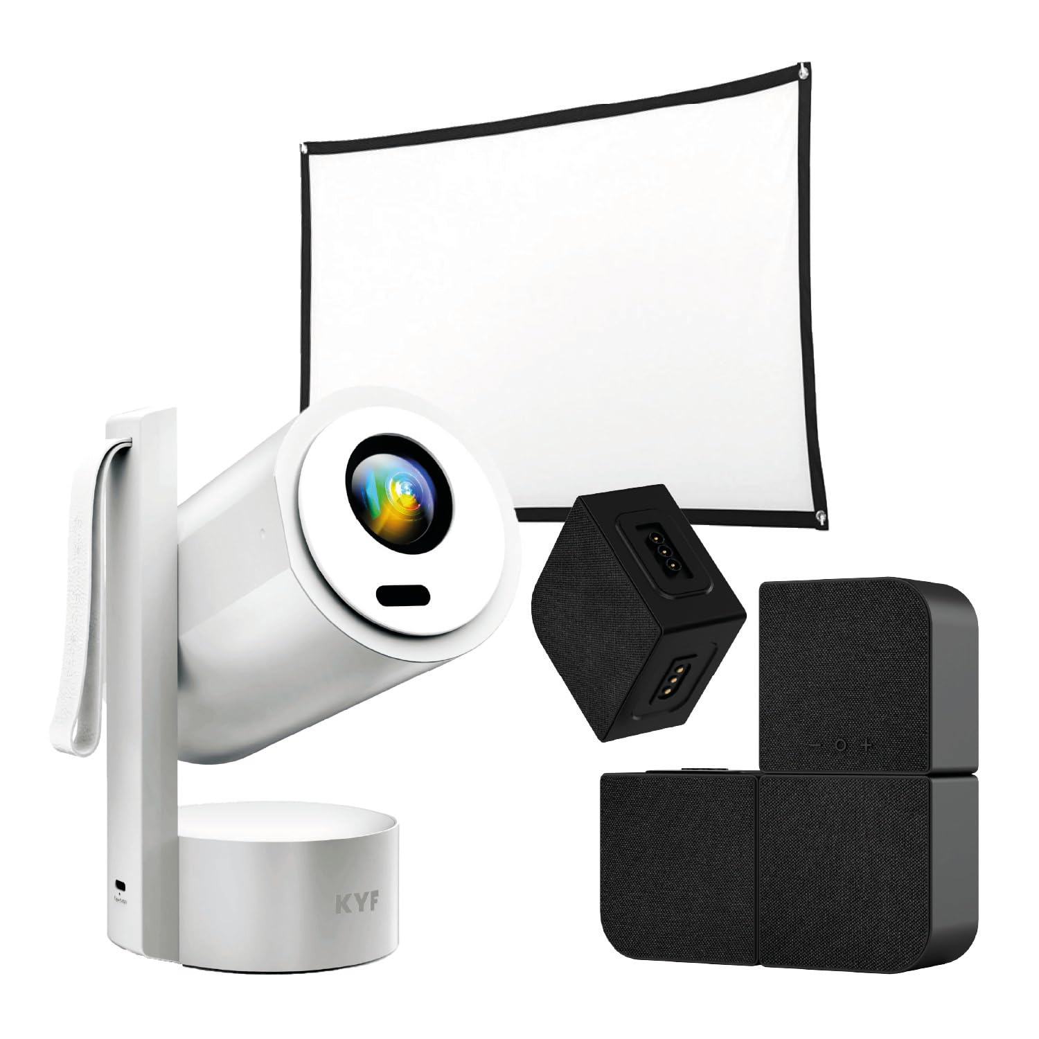 KYF Kit Cinéma Portable – Vidéoprojecteur Android Rechargeable + Mur d'Enceintes Bluetooth + Écran 100"