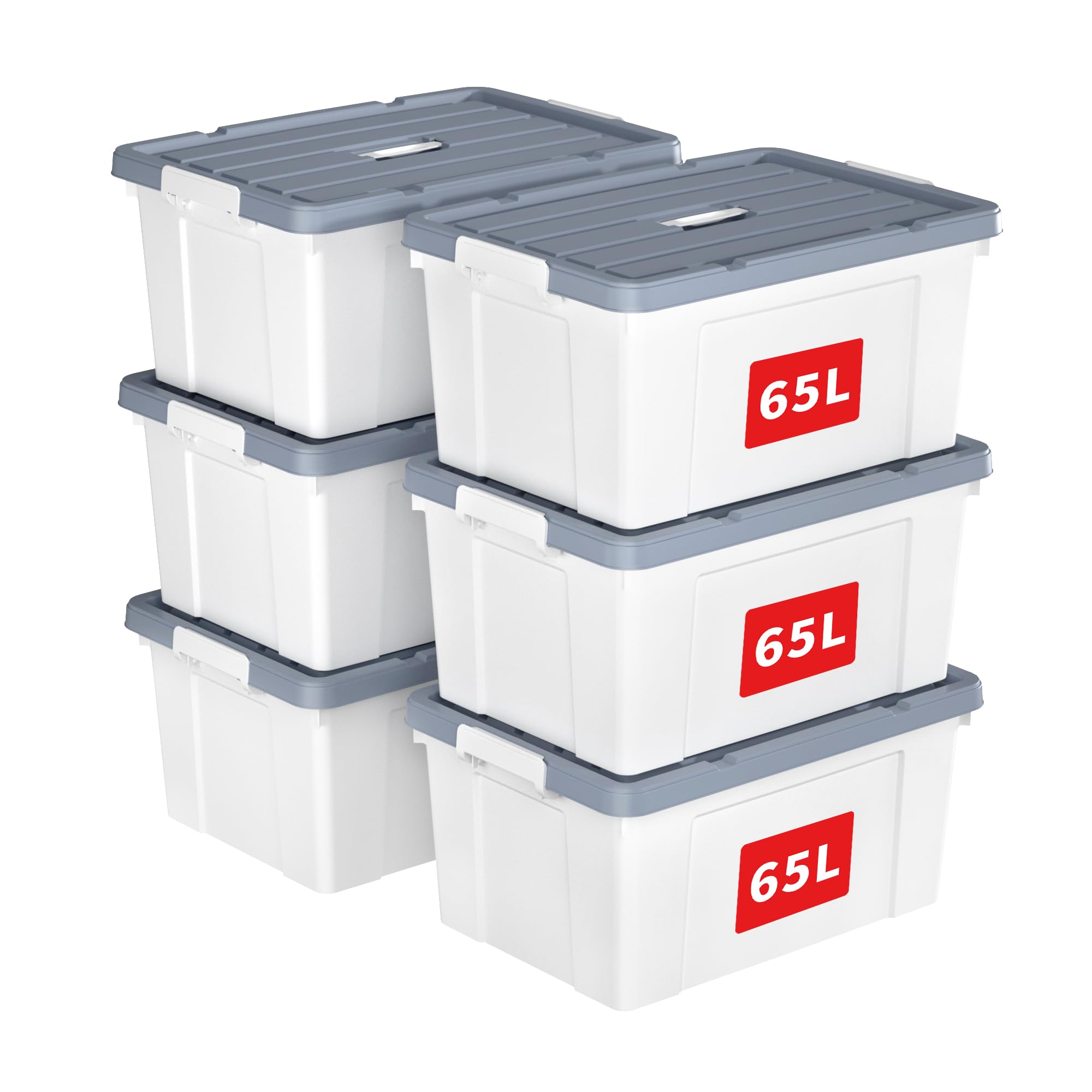 Cetomo 65L*6 Aufbewahrungsboxen, Tragbare Plastikboxen mit Deckeln, Organizer-Behälter mit Griff und Clips, Stapelbar, Ineinander Nestbar, für Zuhause und Büro, Weiß, 65L-6er Pack