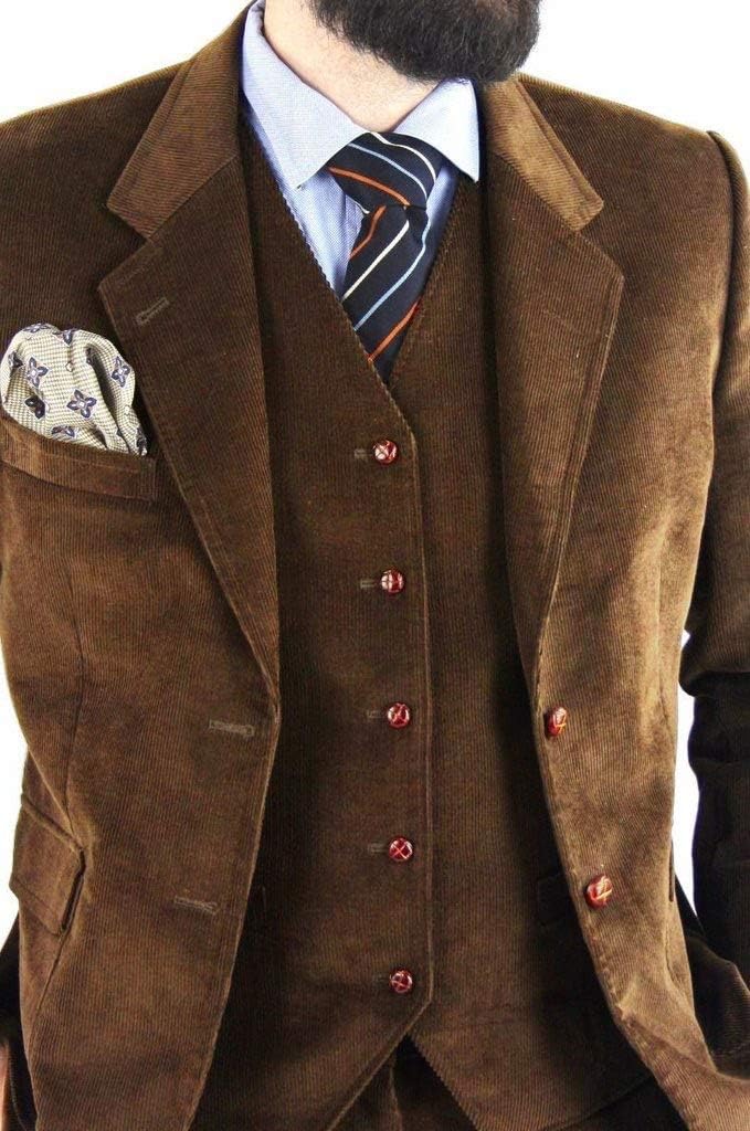 Uomo Tre Pezzi Abito di Velluto a Coste Monopetto Bottone Giacca Gilet Pantaloni Set Partito Prom Matrimonio