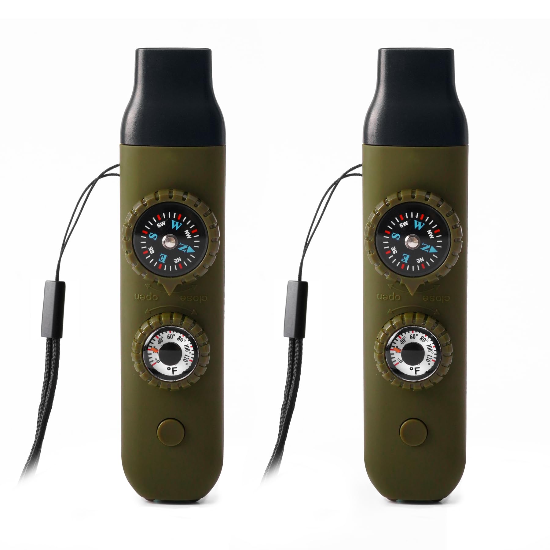 Viriber Emergency Survival Safety Whistle，Whistle for Kids with Lanyard,Compass,Thermometer,Ideal for Kayaking, Boating, Hiking, Camping, Climbing(Green 2pcs)