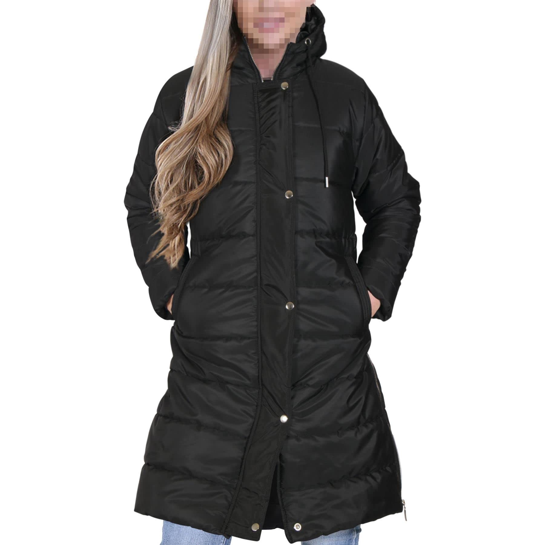 A2Z Damen Erwachsene Mädchen Lange Ärmel Jacke Schwarz Übergroß Mit Kapuze Gesteppt Gepolstert Lange Linie Weste Jacke Lang Mantel Urban Winter Wear