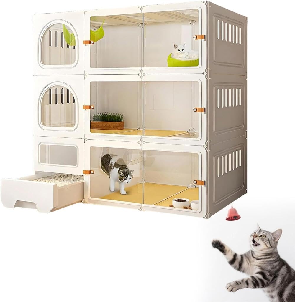 Parc pour chat intérieur avec maison 3 étages et bac à litière en plastique