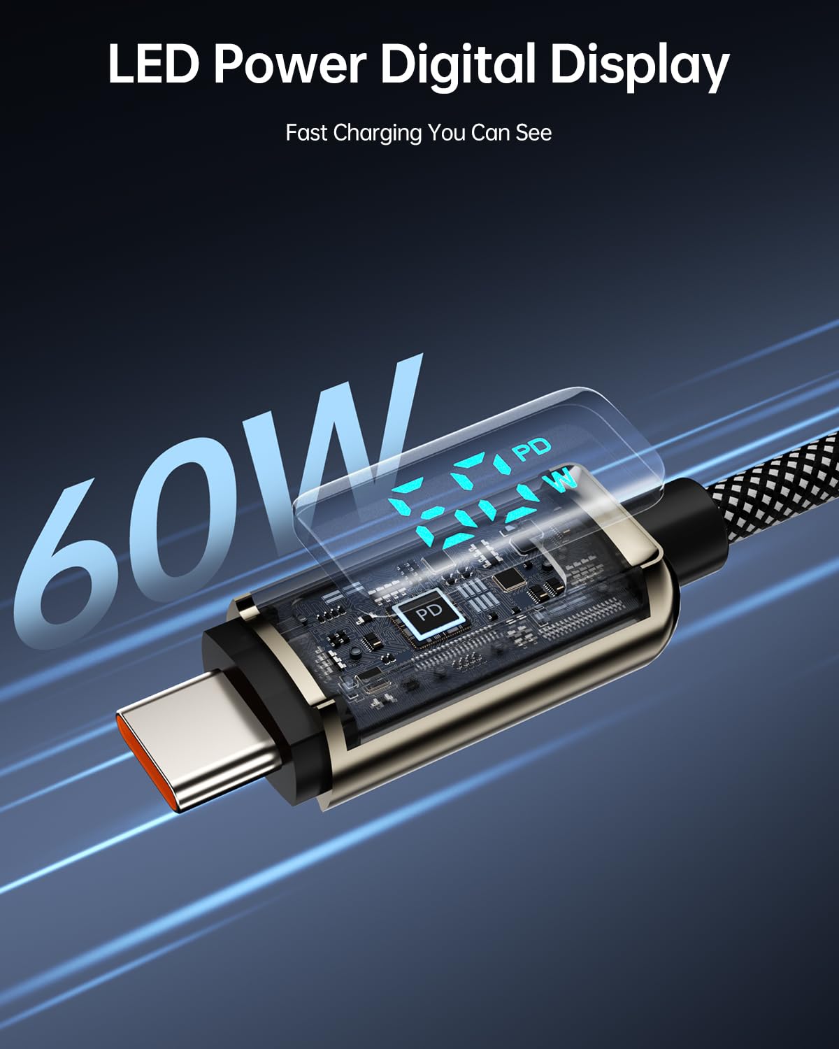 Hichain Cable USB C de carga rápida tipo C de 4 pies con pantalla LED, aleación de zinc plateado y nailon trenzado USB C a USB C para iPhone 17/16/15, MacBook, iPad Pro, Galaxy S24/S23