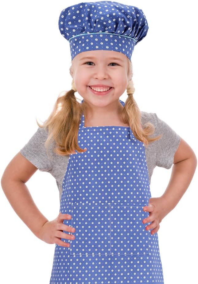 Kids Apron and Chef Hat Set, Adjustable Cotton Child Aprons with 2 Pockets Cute Girls Boys Kitchen Bib Aprons for Cooking Baking Painting