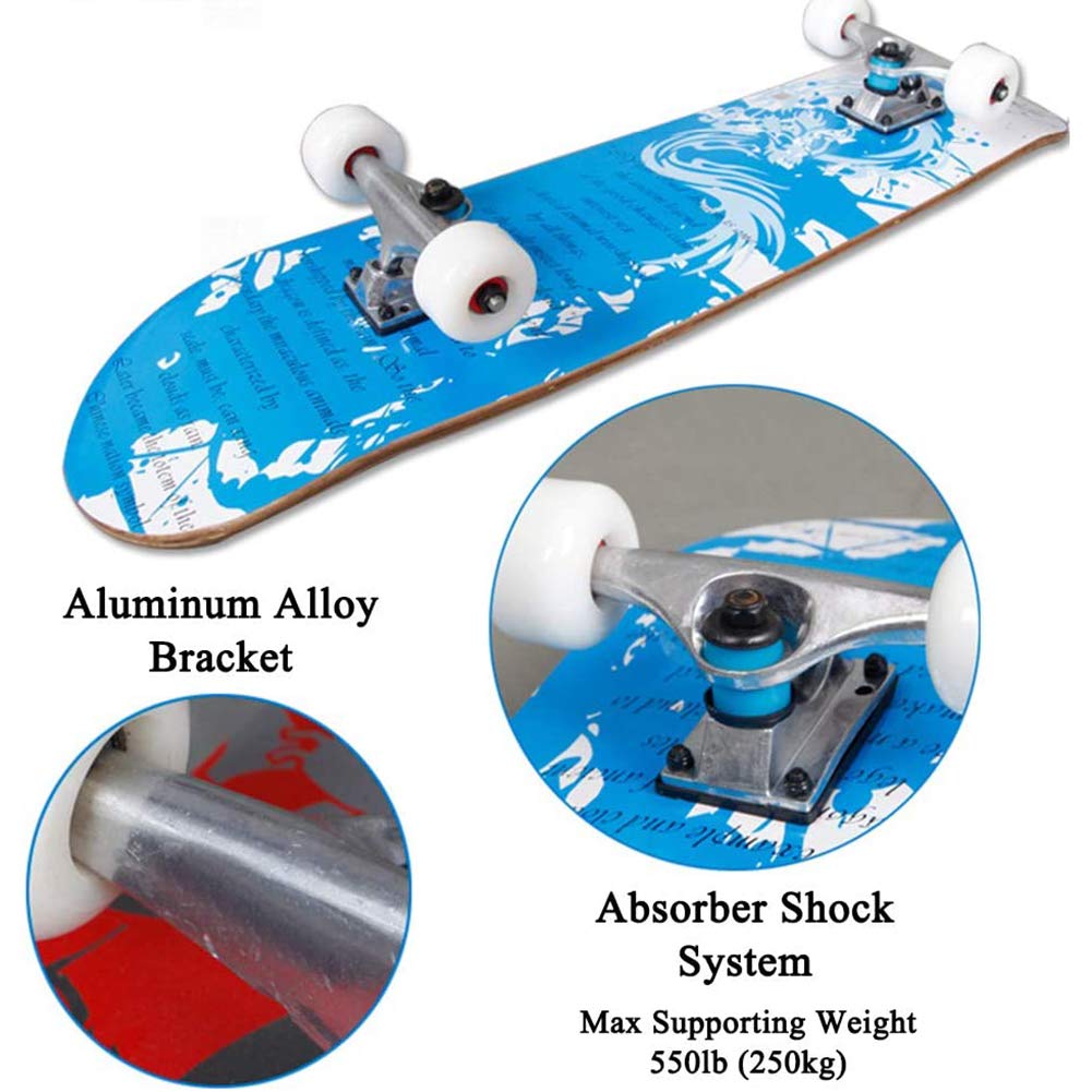 Skateboards para principiantes, 31 x 8 pulgadas Tableros de patinaje estándar completo Doble patada 7 capa cubierta de arce Concave Skateboard para niñas niños niños adolescentes jóvenes adultos,A