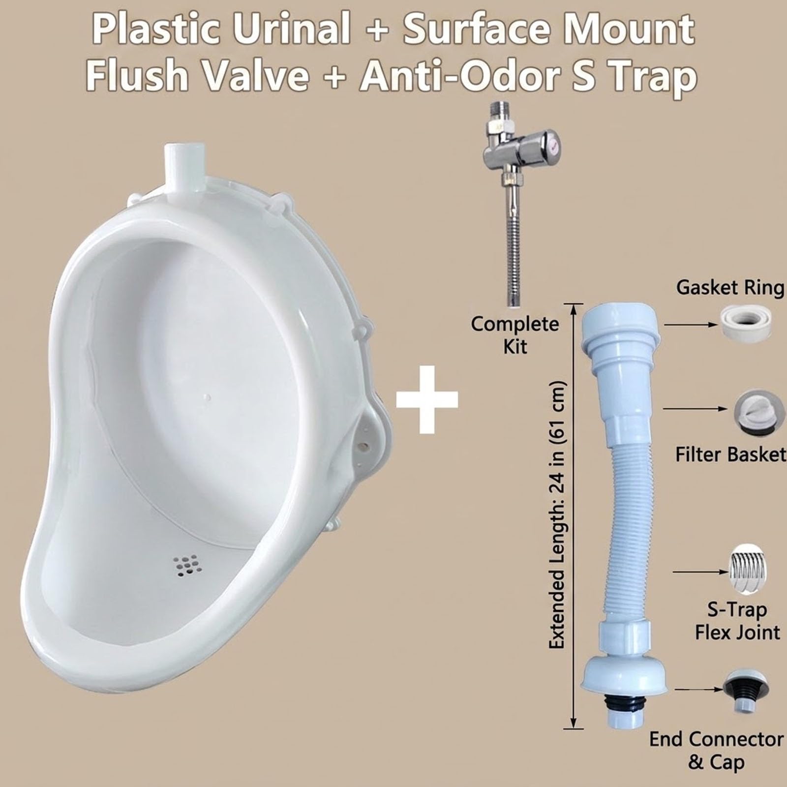 Urinal de Plástico con Sistema de Válvula y Sifón Anti-Olor – Montaje Mural de Alta Resistencia, Diseño Compacto, Blanco, para Garaje, Taller y Oficina