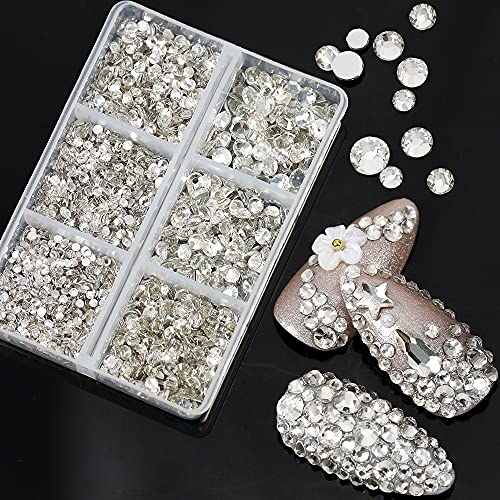 YOUYIXA 2600 Pieces Clear Hotfix Rhinestones, 6 Mixed Sizes Crystal Flatback Rhinestones, 3D Nail Diamonds Nail Jewels Charms for Nail Art DIY Crafts Face Phones Clothes Shoes Jewelry Bag