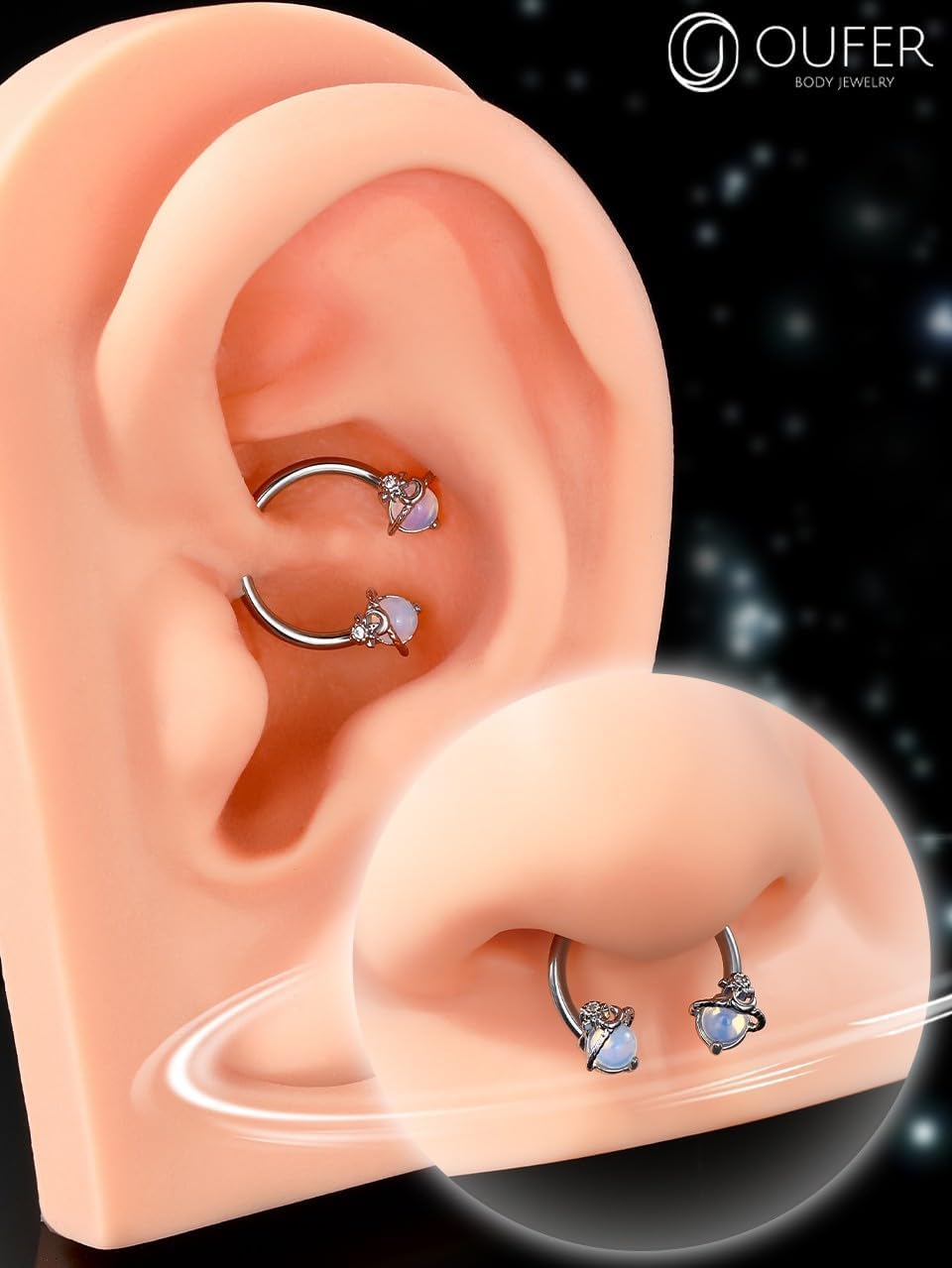 OUFER Septum Rings 16g, 316L Stainless Steel Septum Piercing, Star and Moon Design Opal Septum Jewelry, Helix Daith Snug Conch Piercing Jewelry For Women Men