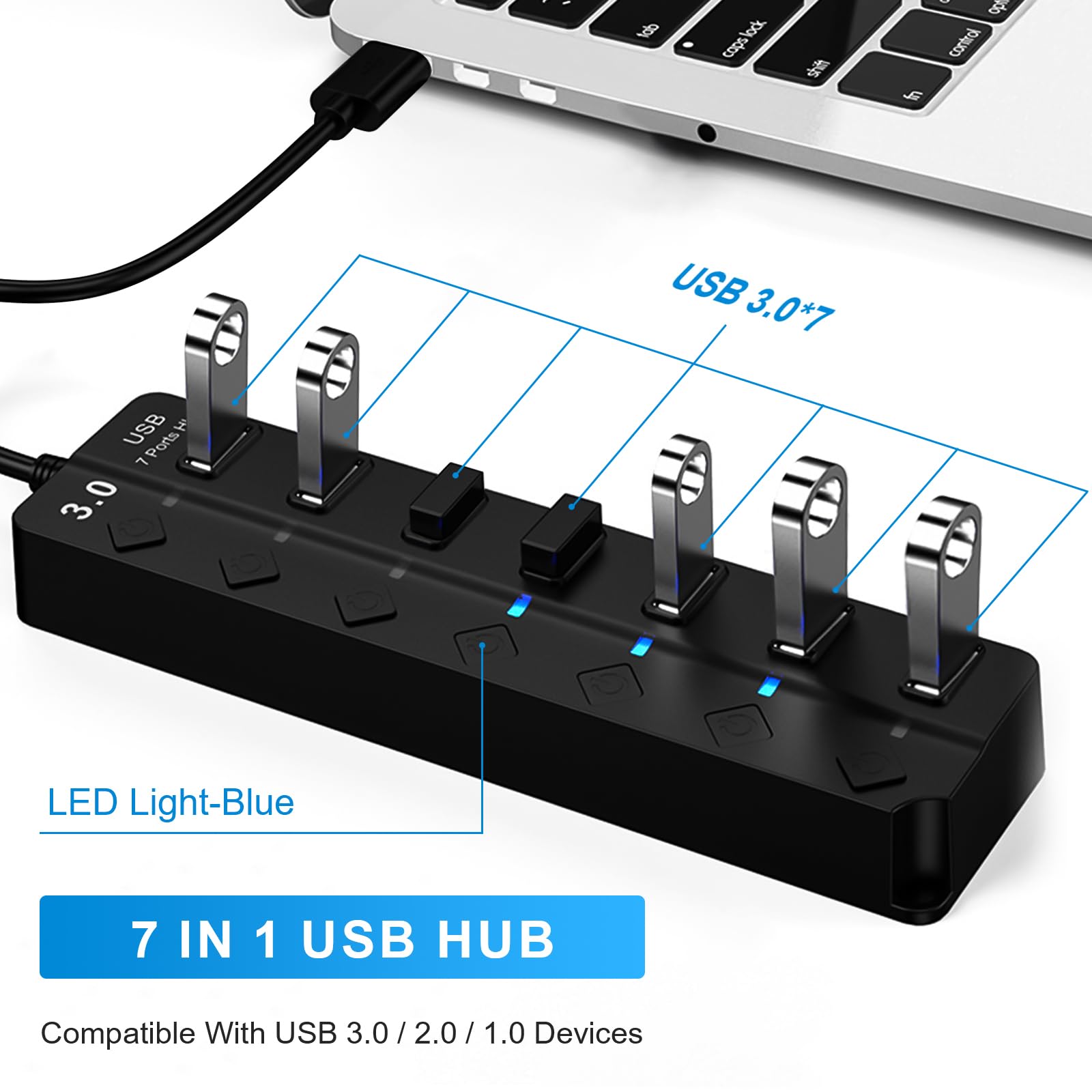 HORJOR Hub USB 3.0 7 Ports avec Interrupteur Séparé et LED, Alimenté Adaptateur Transfert Données Charge Rapide