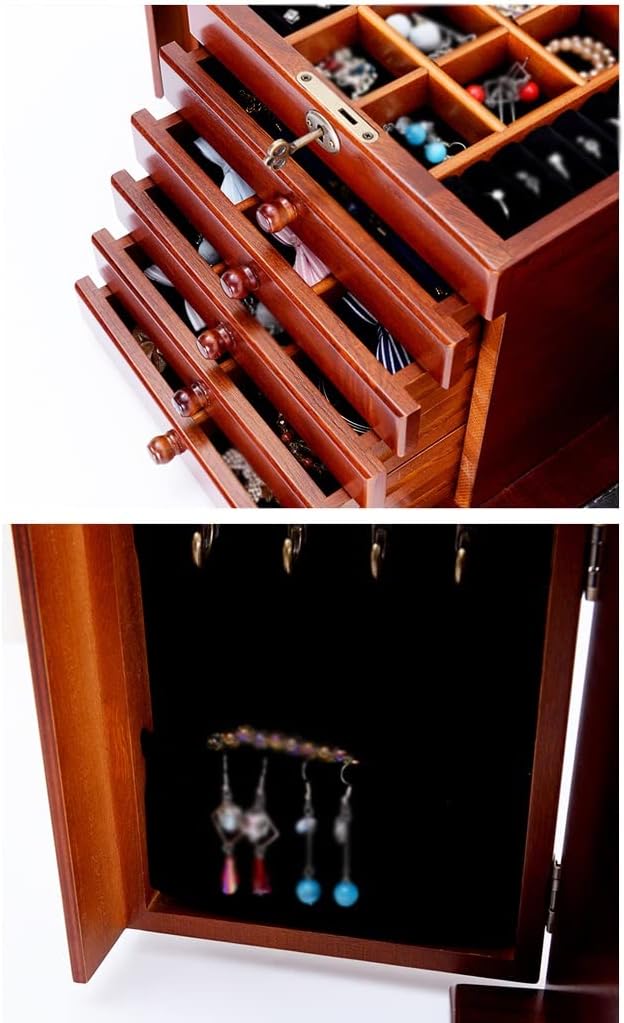 Jewelry Box, Jewerly Box Solid Wood Jewelry Box Wooden Lock Jewelry Storage Box Princess Multi-Layer Large Capacity with Mirror Jewelry Box Jewelry Storage Box Jewelry Box for Women(C) (B 31x19x25CM)
