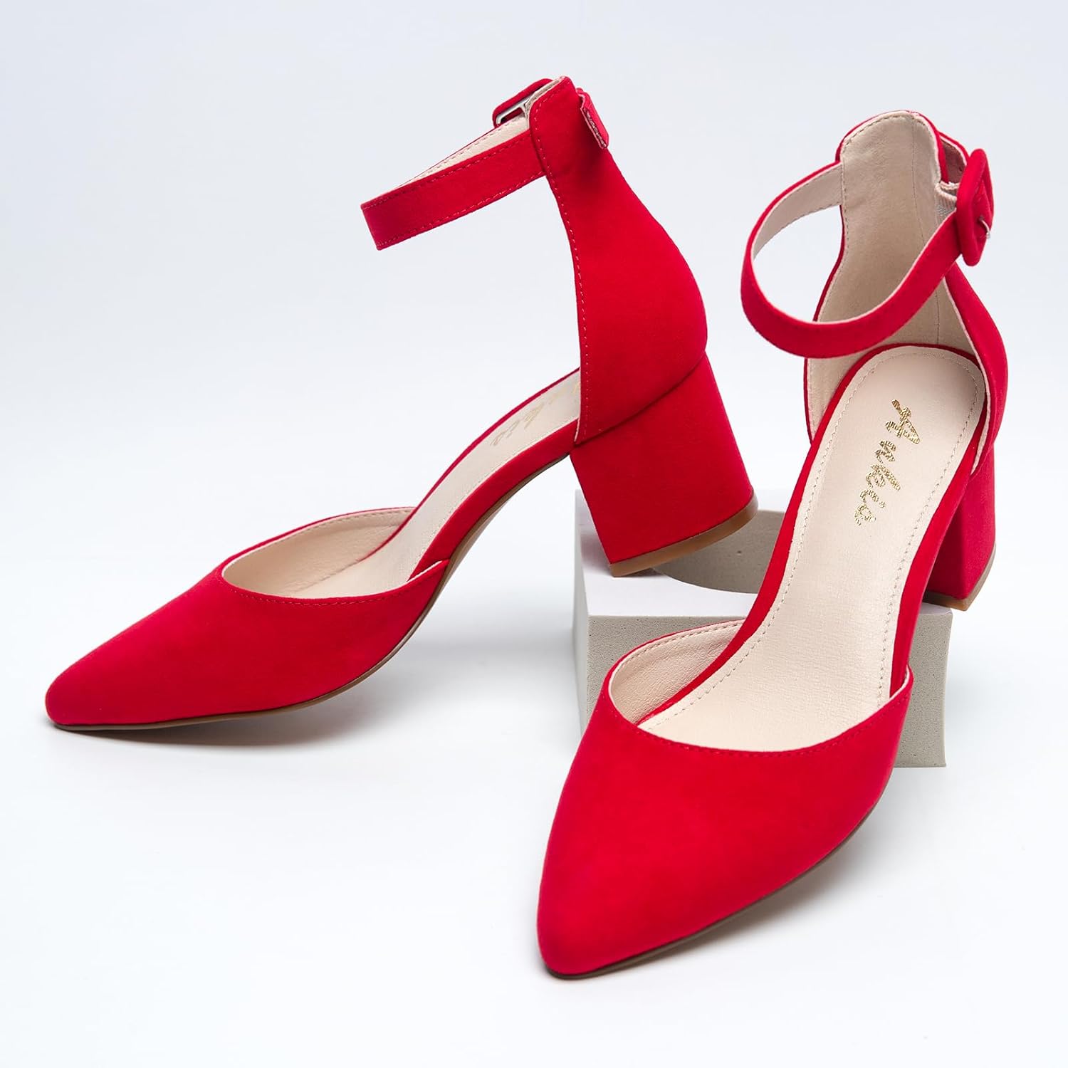 Ankis Closed Toe Heels for Women -Red Pointed Toe Heels Low Block Chunky Women Pumps with Ankle Strap -2.25 Inch - Image 5