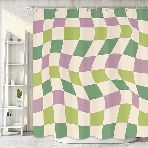 Bonita cortina de ducha morada, juego de cortina de ducha bohemia verde salvia beige, 36 x 72 pulgadas, cortina de baño de tela estética moderna de