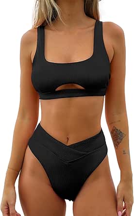 JJHGVB High Waisted Bikini Sets Tummy Control Swimsuit Bikini Set For Women Plus Size Bathing Suit Mid Waist Deep V Neck Wide Straps Mesh Back Hook Swim