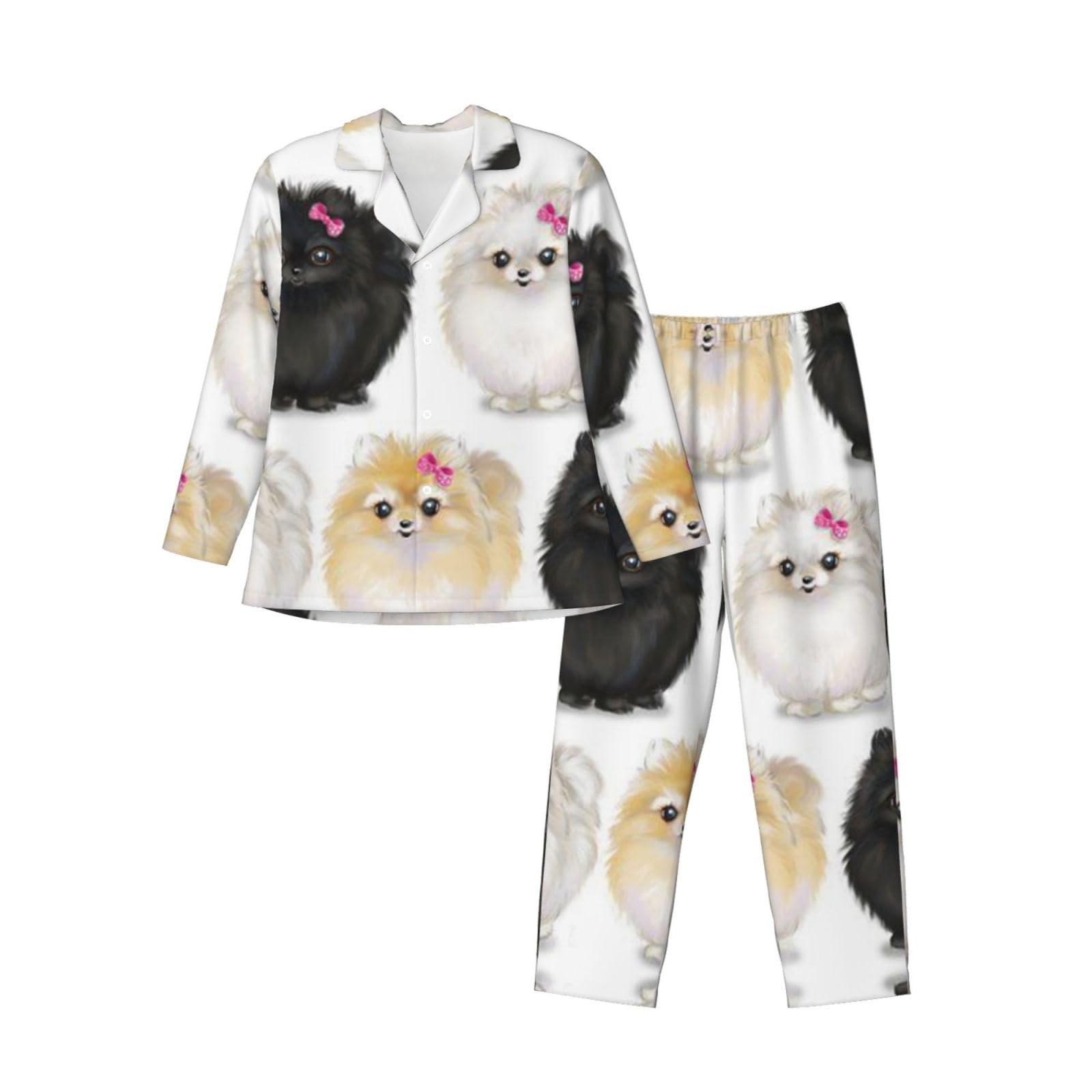 Pomeranians Pattern Men'S Long-Sleeved Pajama Set Loungewear Leisure Loose Nighttime Sleep Relax Black