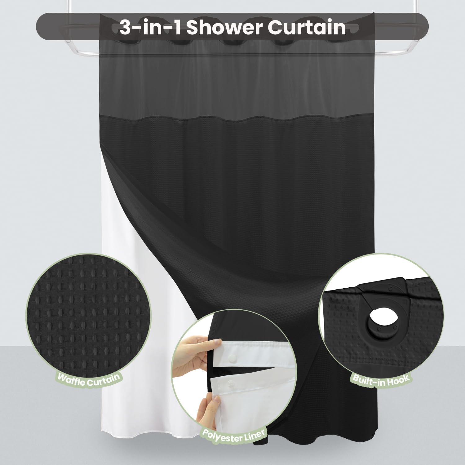 Inhousolu No Hook Shower Curtain with Snap in Fabric Liner Set Waffle Weave 230GSM Weighted Hem, Waterproof & Washable Bathroom Curtain Spa Luxury with Mesh Top Window 72" W x 72" L Black