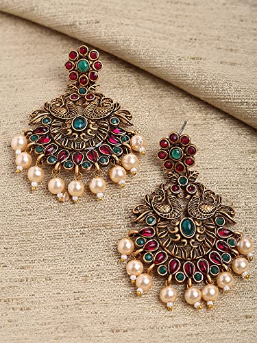 Karatcart Antique Gold Plated Red and Green Kundan Studded Dangler Earrings for Women - Image 4