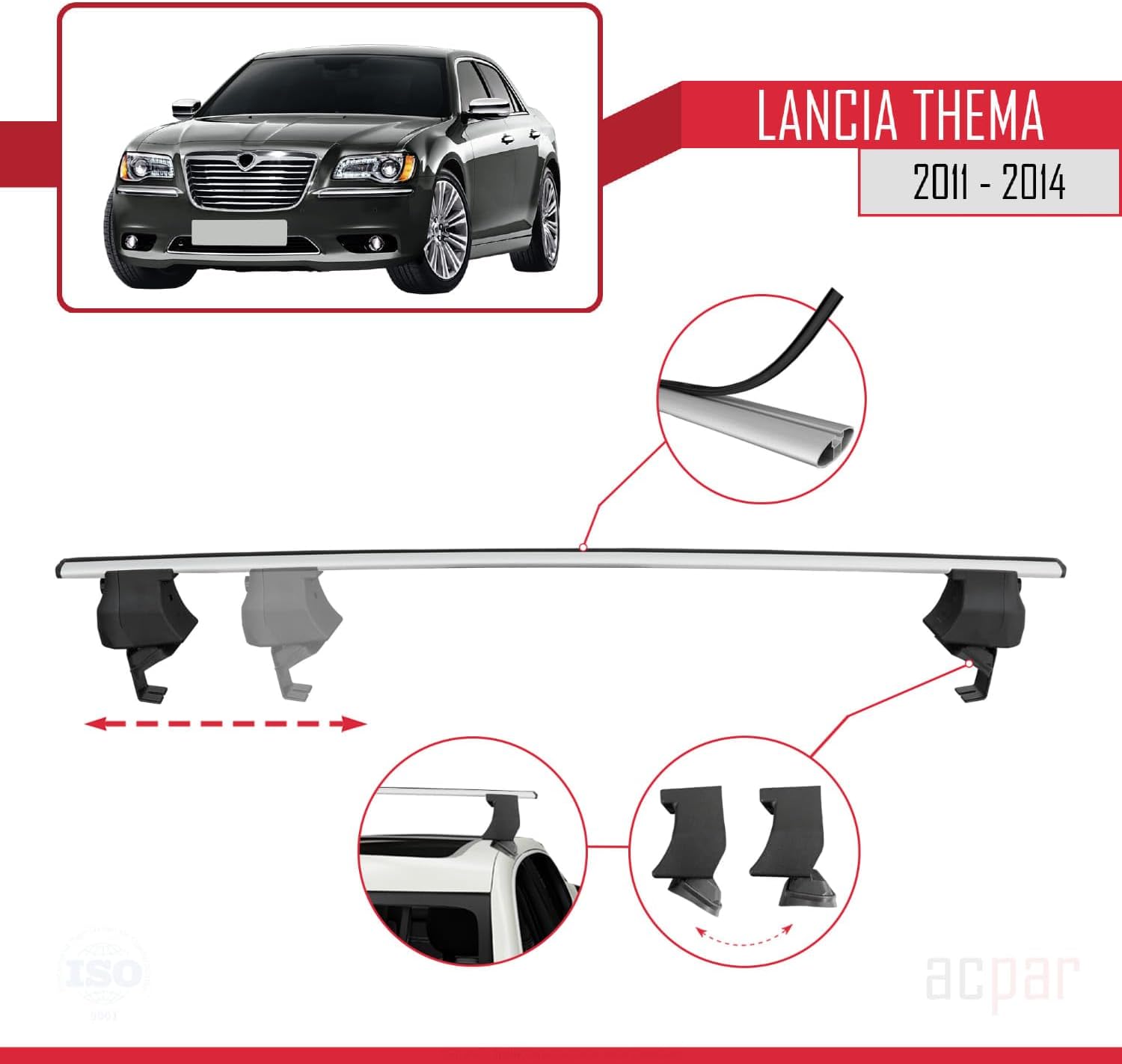 Compatible with Lancia Thema 2 2011-2014 ACE-4 Car Roof Rack Cross Bar Grey Aluminium 2 Bars