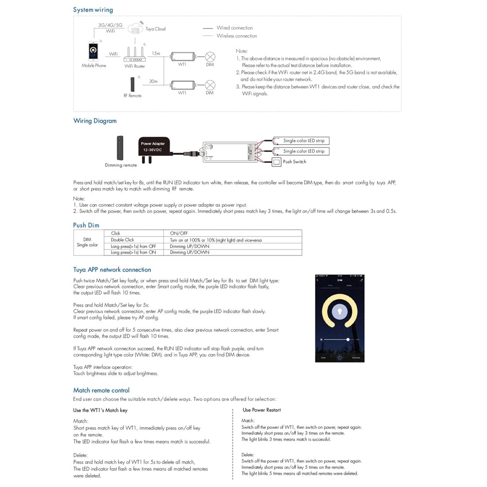 Tuya - Regulador de intensidad LED de 12 a 36 V, 2 canales con mando a distancia de 2,4 G, controlador de tira LED para tiras LED monocromáticas