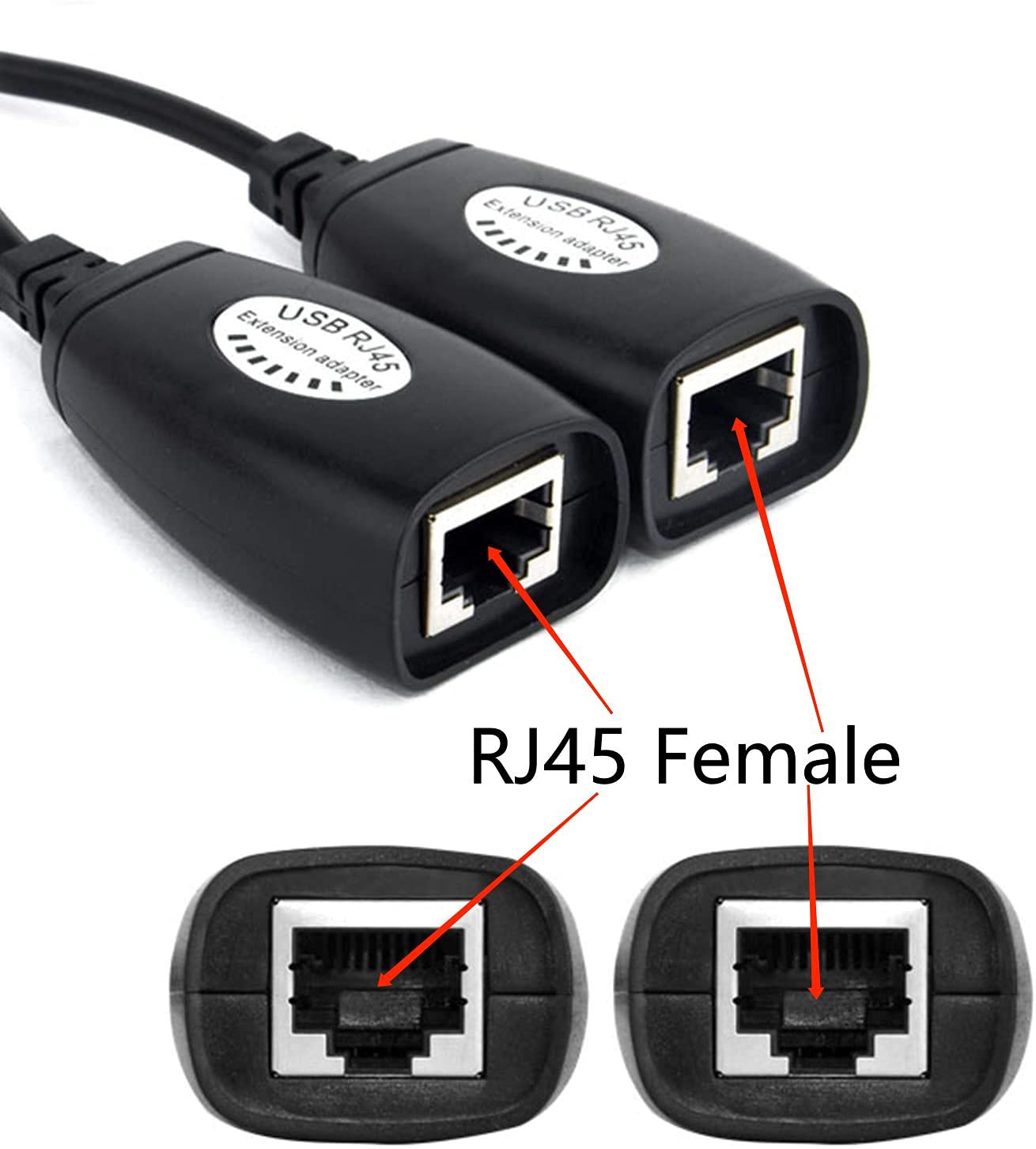 QIANRENON USB naar RJ45 Verlengingsadapter over RJ45 LAN CAT-kabel USB 2.0 Extender Over Cat5/Cat5e /Cat6-kabel tot 45,7 m zwart