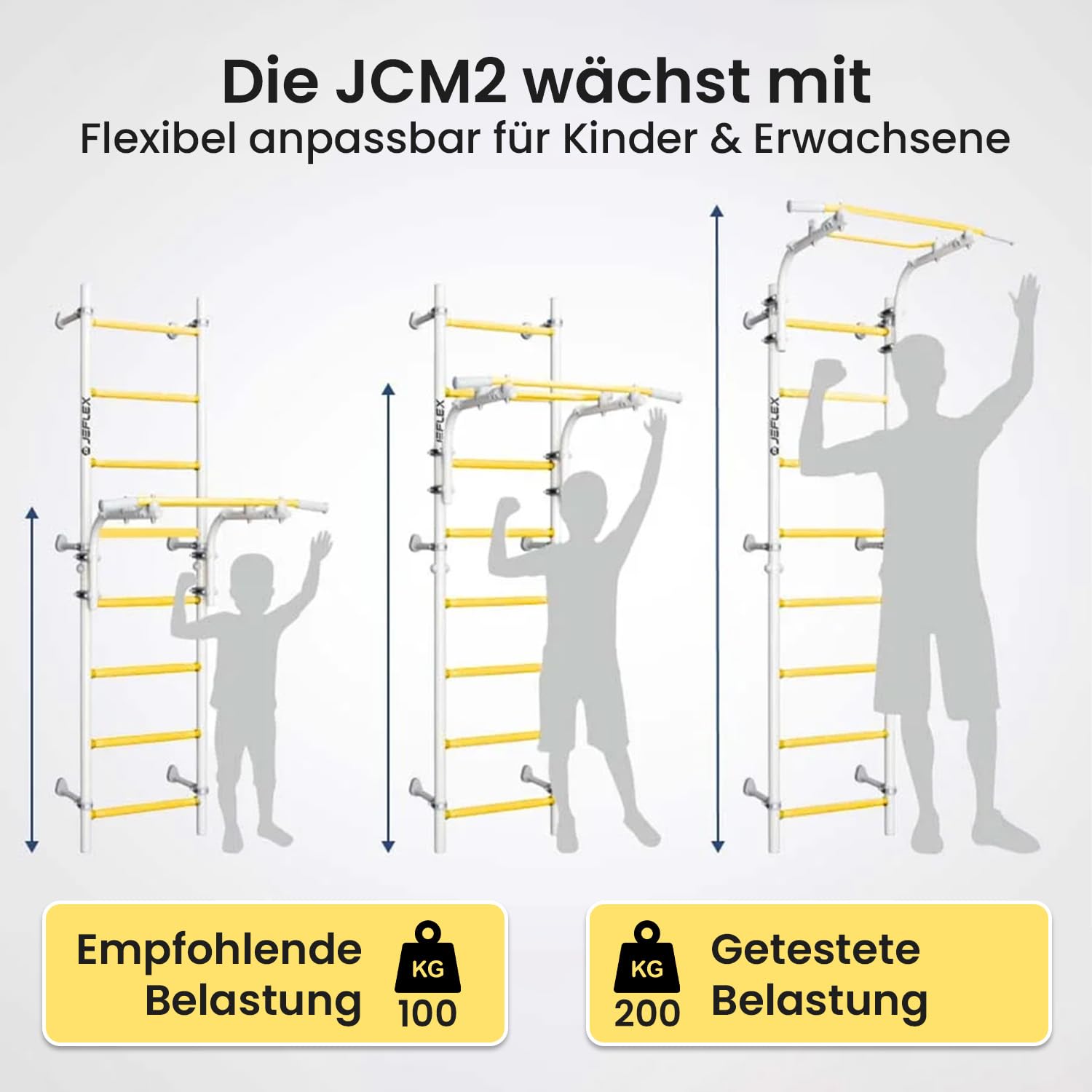 JEFLEX - weiß/gelbe Kinder Sprossenwand mit Verstellbarer Klimmzugstange/Robuste Fitness-Station fürs Kinderzimmer/Einfache & vielseitige Montage/inkl. tollem Kletterwand-Zubehör