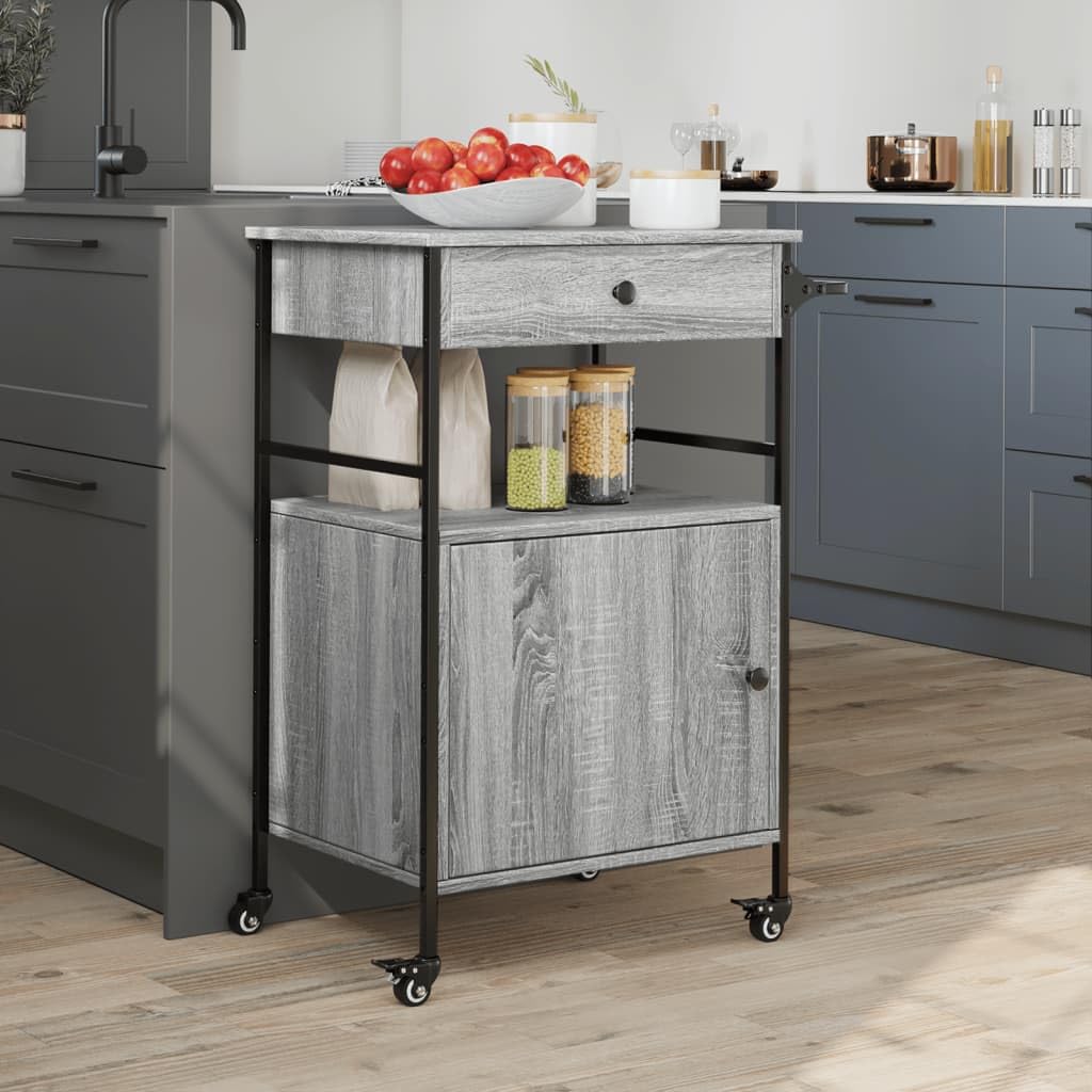Küchenwagen Grau Sonoma Holzwerkstoff 56x43x89,5 cm Servierwagen mit Stauraum 4 Rollen Bremsen Beistellwagen