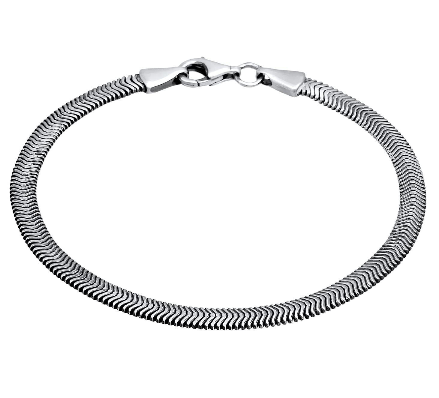 Kuzzoi Pulsera de plata para hombre hecha a mano, pulsera de plata de ley 925 oxidada, pulsera plana para hombre, espiga, ancho 4 mm, 0210662721, 19 centimeters, Plata de ley