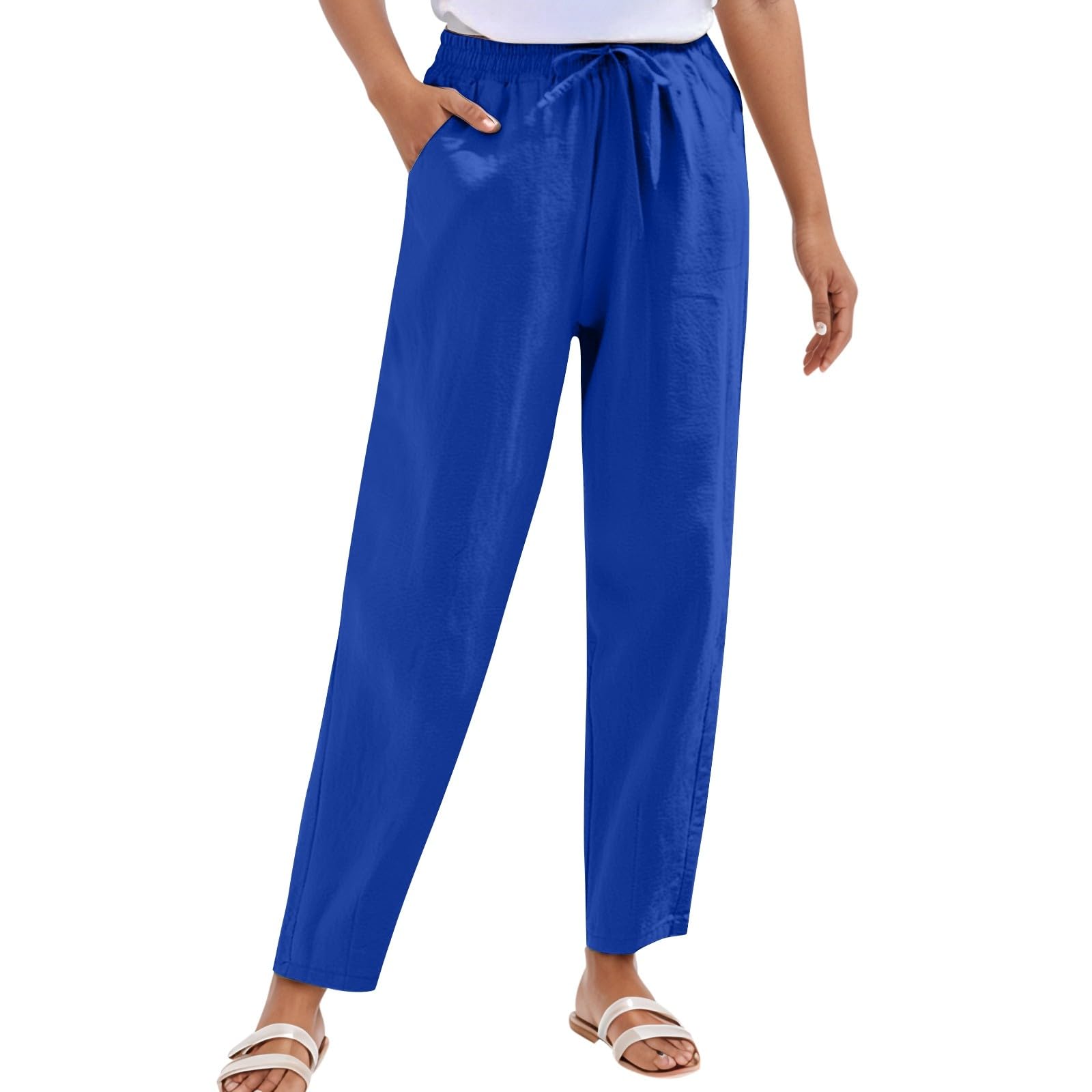 Pantalones de lino para mujer pierna recta cordón elástico casuales con bolsillos verano negros