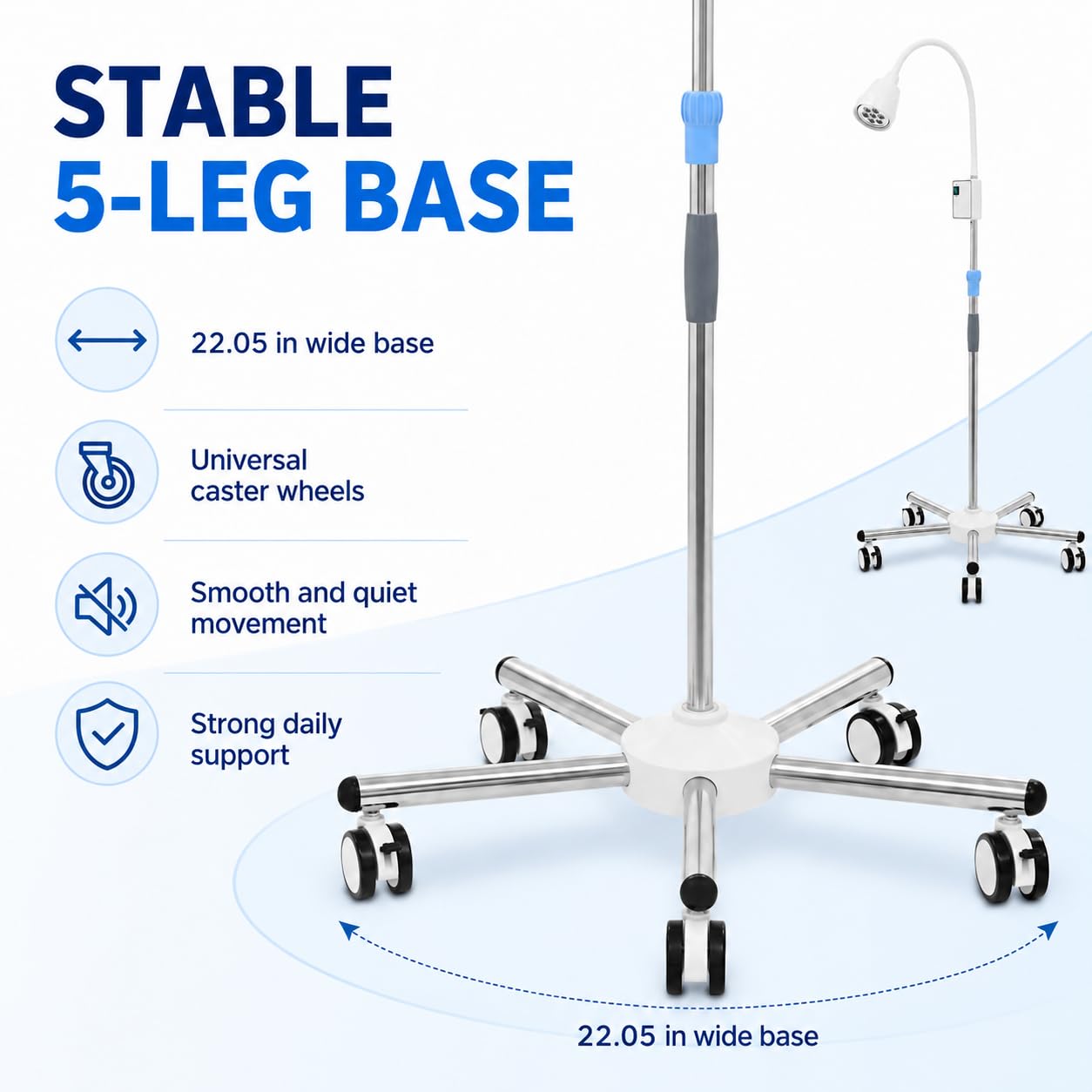Lampe Chirurgicale Médicale Dentaire Rotation à 360° LED Lampe D'examen Chirurgical Type Support De Sol Avec Roues,Pour Usage Ambulatoire, Dentaire, Familial (Avec 5 roulettes)