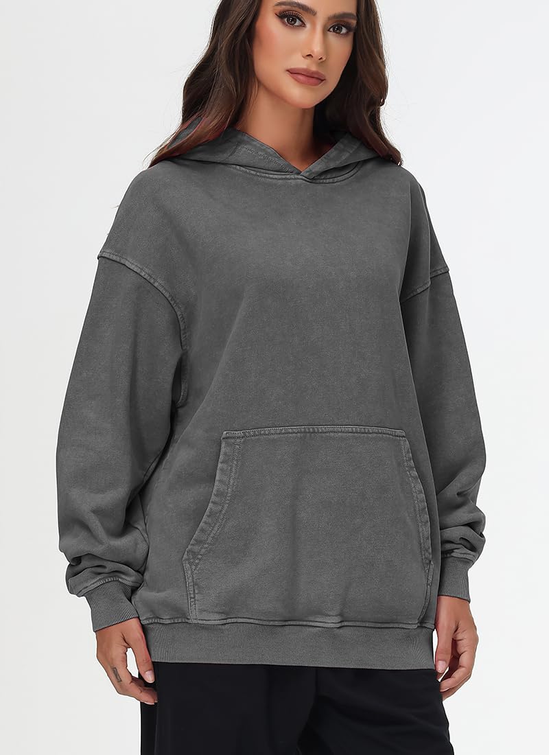 PADOLA Oversize Sweats à Capuche Femme Y2k Pull Femme Coton Veste Polaire Manches Longues Vintage délavé Sweat mi Saison Basic Hoodie Femme Rétro Pulls Casual Sweatshirts Hiver
