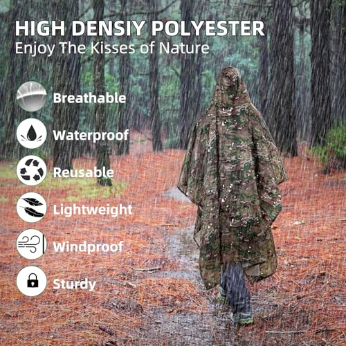 Image of PELLOR Hooded Military Rain Poncho for Adults with Pocket, Waterproof Lightweight and Extra Long, Unisex Raincoat for Hiking Riding, Camping Emergency, Outdoor Rain Cover Reusable