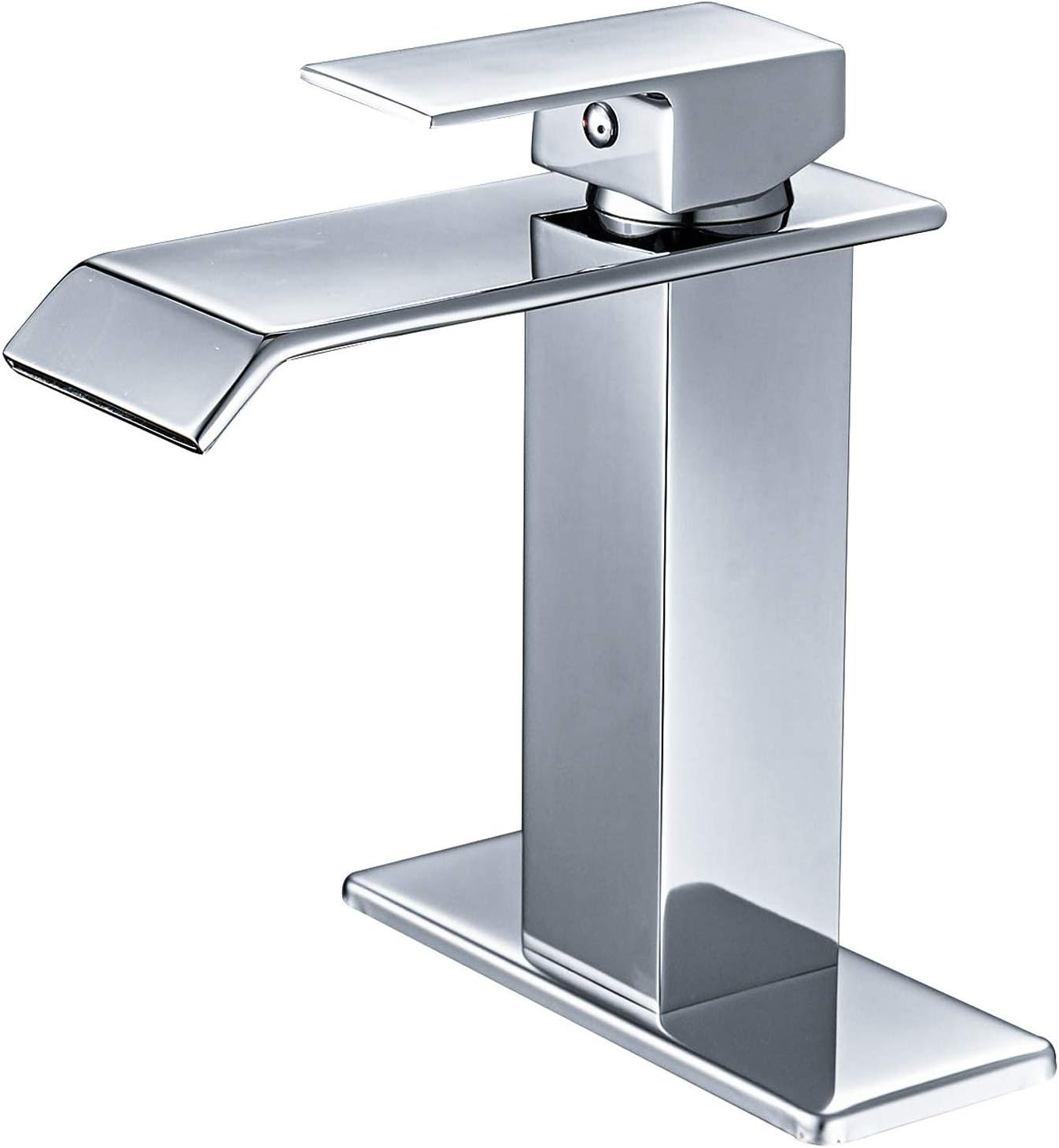 BWE Bathroom Faucet Chrome Modern Waterfall Single Hole Bathroom Sink Faucet Parts Spout Bath Lavatory Vanity and Supply Hose Single Handle Square